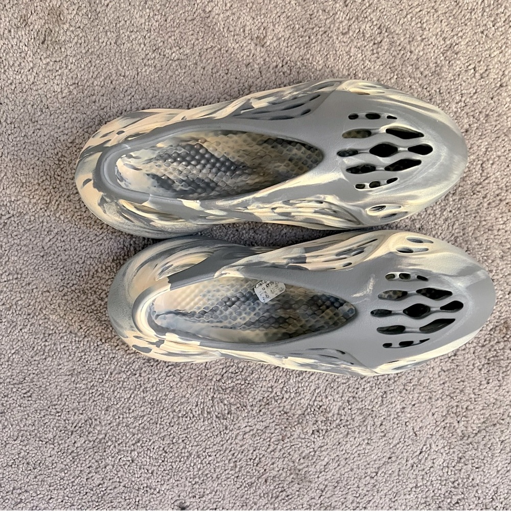 Yeezy Adidas Foam Runners, size 12, gray with cream, stylish and comfy.